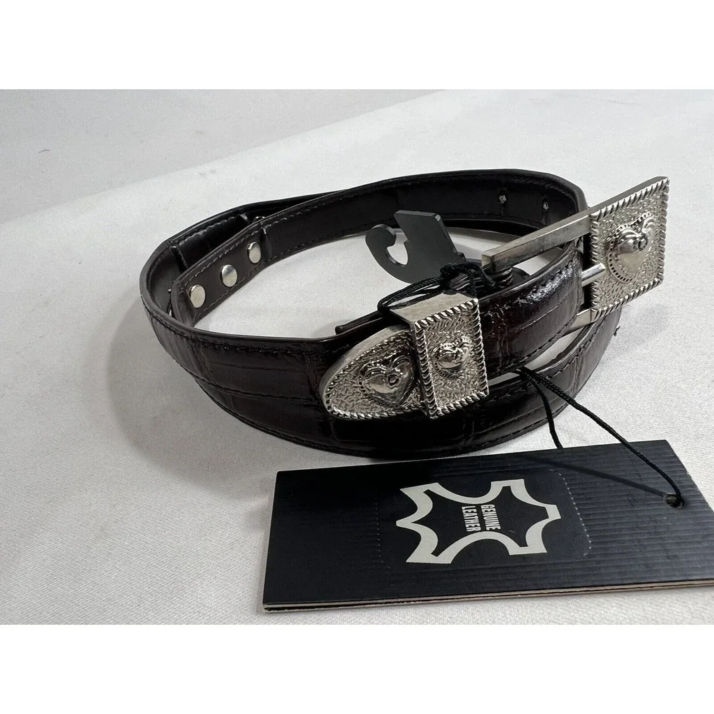 Mak Chantal Skinny Belt Womens L‎ Brown Leather Western Silver Buckle New
